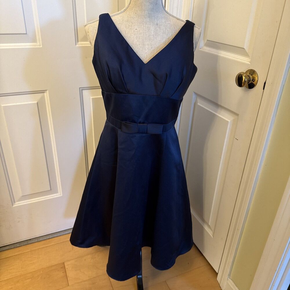 BLUE BEAUTY Alfred Angelo Navy Blue Satin Dress Women’s Size M Fit And Flare